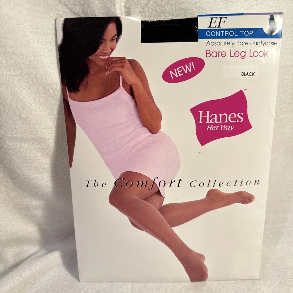 Hanes Her Way Absolutely Bare Control Top Pantyhose Size‎ EF BLACK NEW Comfort